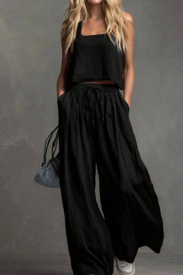 Linen-Style Square-Neck Cami and Wide-Leg Pants Set