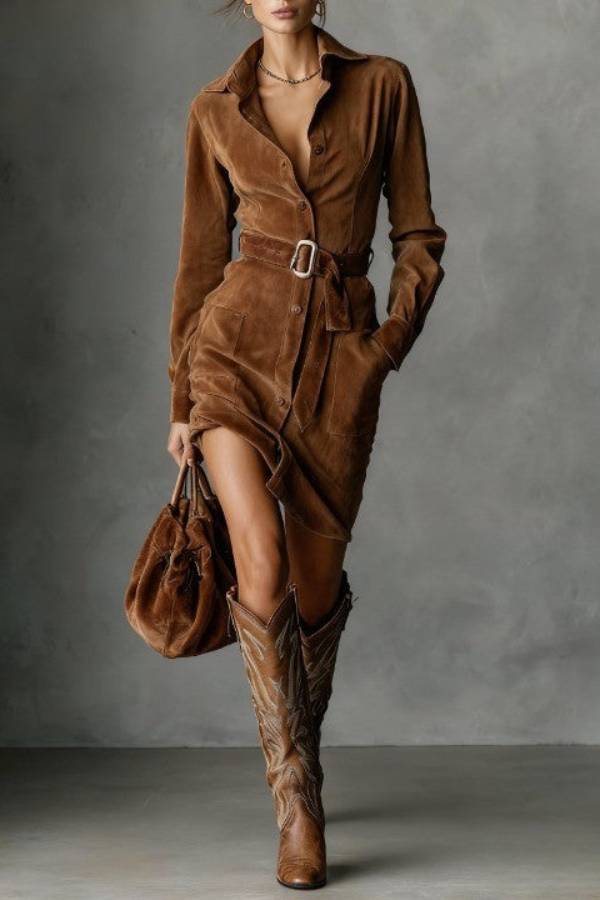 Suede Single Breasted Lapel Long Sleeve Midi Dress