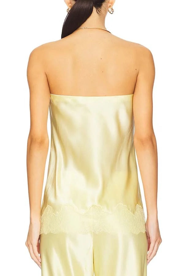 Odessa Satin Floral Lace Hem Strapless Tank and Mid Rise Wide Leg Pants Set