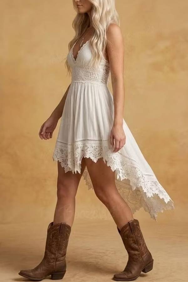 Women's White Lace Trim High Low Mini Dress