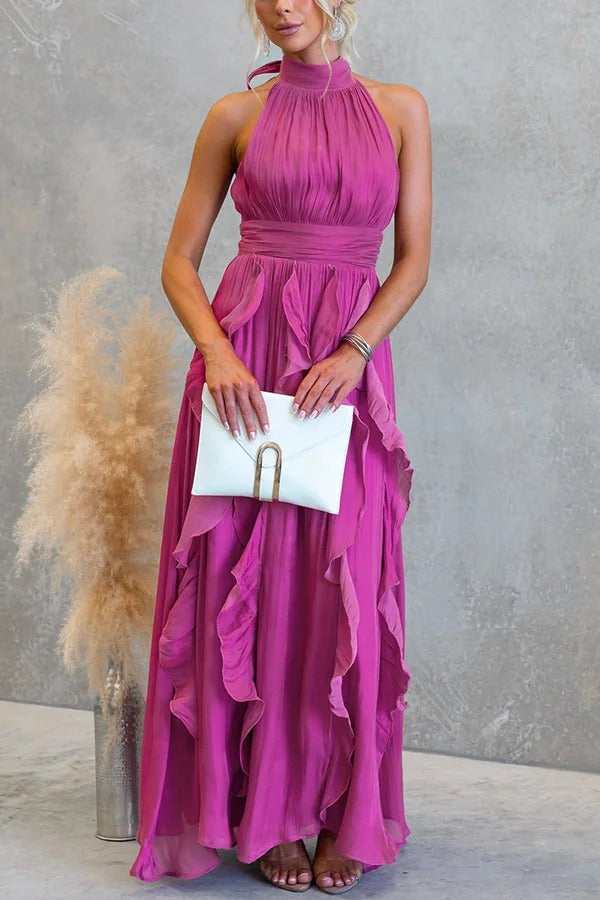 Coral Textured Metallic Chiffon Material High Tie Neck Ruffles Maxi Dress