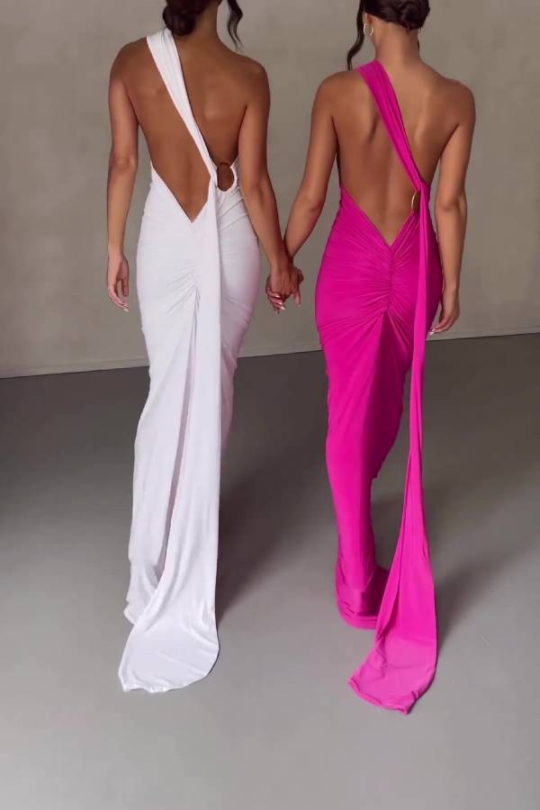 One-shoulder backless long dress with train