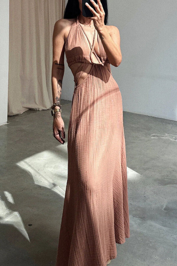 Charming Aura Linen Blend Cutout Lace-up Backless Beach Maxi Dress