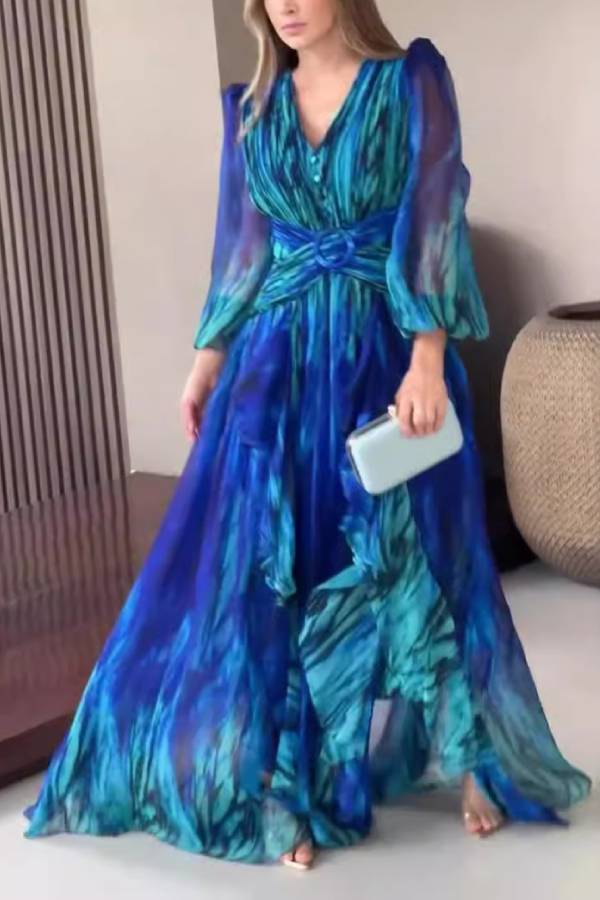 V-neck puff sleeve fitted waist printed chiffon maxi dress