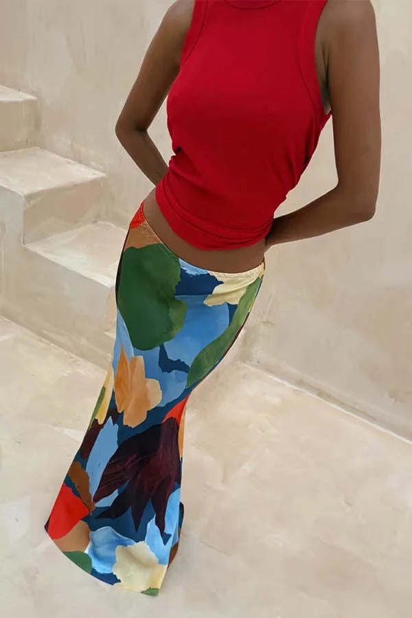 Bright and Bold Satin Abstract Color Blocks Print Elastic Waist Drape Maxi Skirt