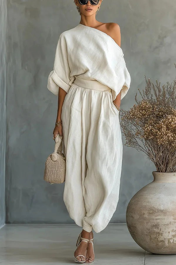 Cressa Linen Blend Off Shoulder Loose Top and High Rise Pocket Tapered Pants