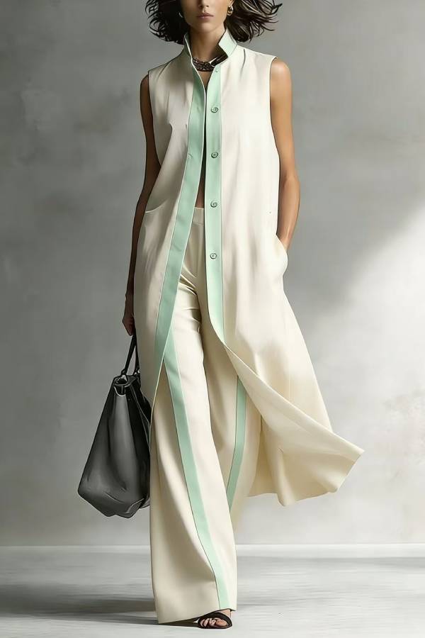 Color Block Trim Sleeveless Long Vest & Wide Leg Pants Two Piece Set