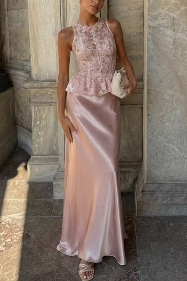 Siena 3D Floral Trim Lace Crew Neck Sleeveless Drape Satin Hem Maxi Dress