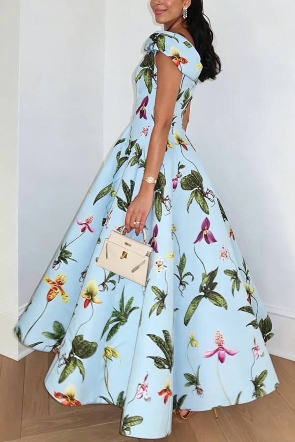 Fresh Bloom Floral Print Short Sleeve Umbrella Hem Maxi Dress
