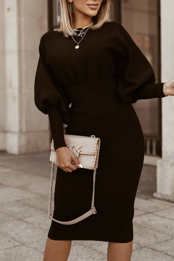Batwing sleeve waist knitted slim dress