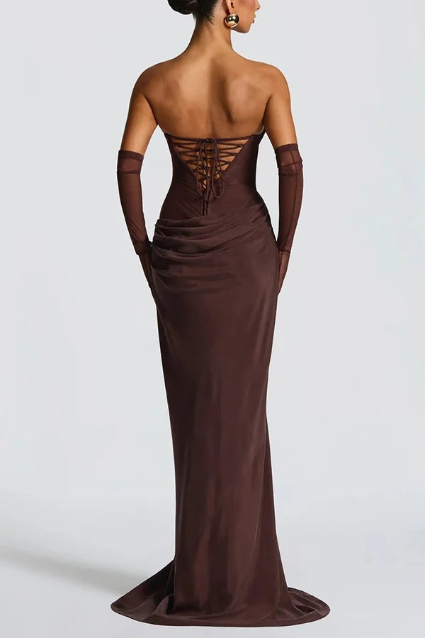 Liora Ruched Cowl Neck Sheer Mesh Waist Off Shoulder Scarf Maxi Dress