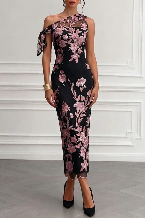 Kylen Floral Embroidery Bow Lace One Shoulder Sleeveless Sheath Maxi Dress