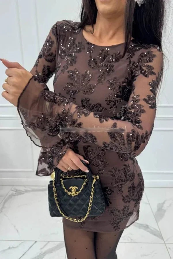 Deep and Dazzling Floral Texture Sequin Long Bell Sleeve Open Back Mini Dress