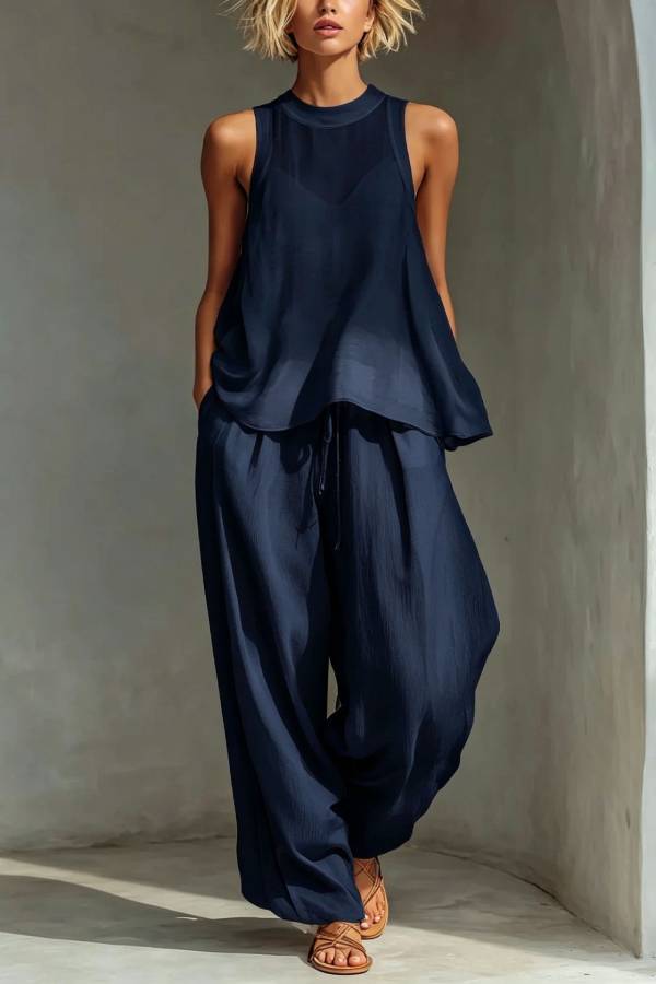 Crew Neck Sleeveless A-Line Top + Elastic Waist Wide-Leg Pants Set