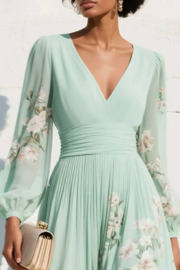 Light Green V-Neck Chiffon Pleated Floral Midi Dress