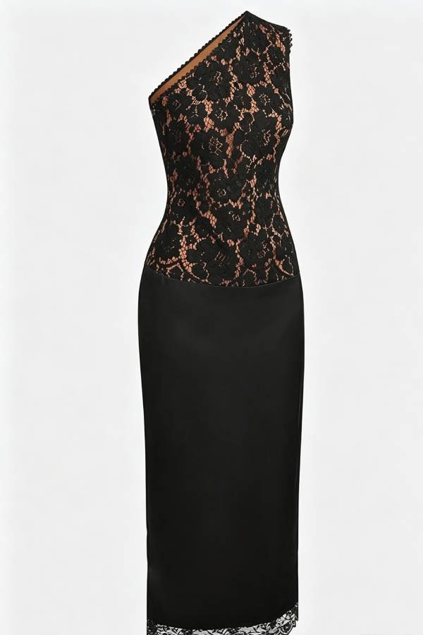 Rachel Floral Lace One Shoulder Satin Hem Sheath Midi Dress