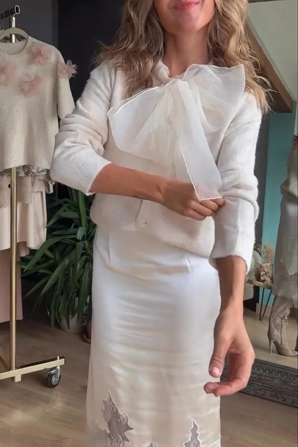 Orozco Knit Organza Bow Button-down Long Sleeve Loose Cardigan