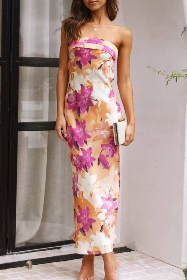 Strapless Satin & Print Fitted Maxi Dress