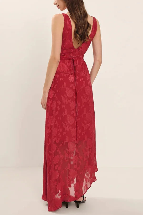 Fashion Jacquard Elegant Backless Lace-up Slim Irregular Maxi Dress