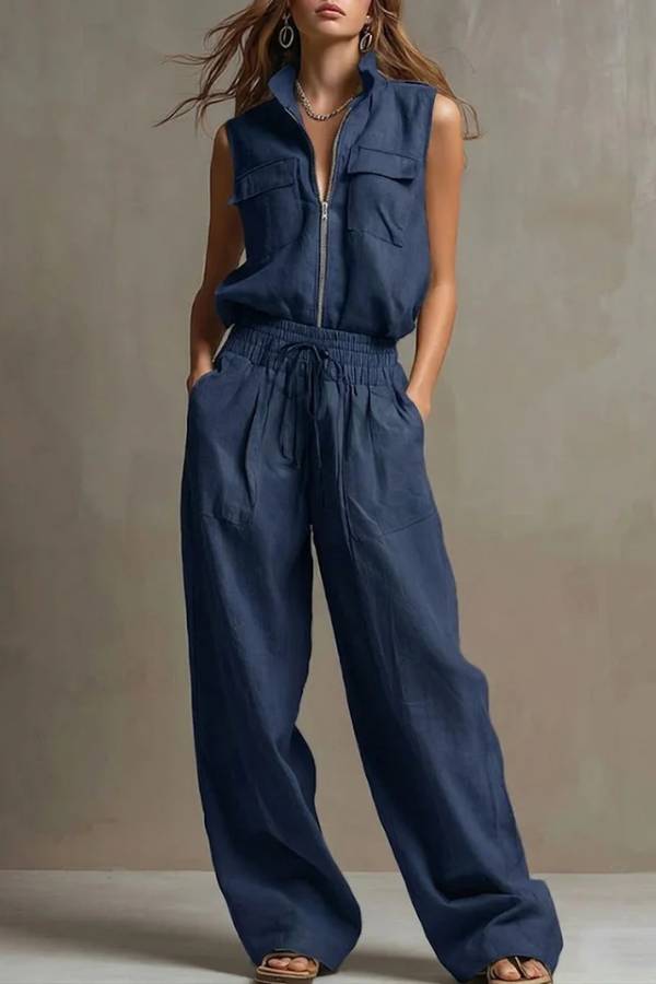 Stand Collar Half-Zip Utility Vest & Wide-Leg Pants Set