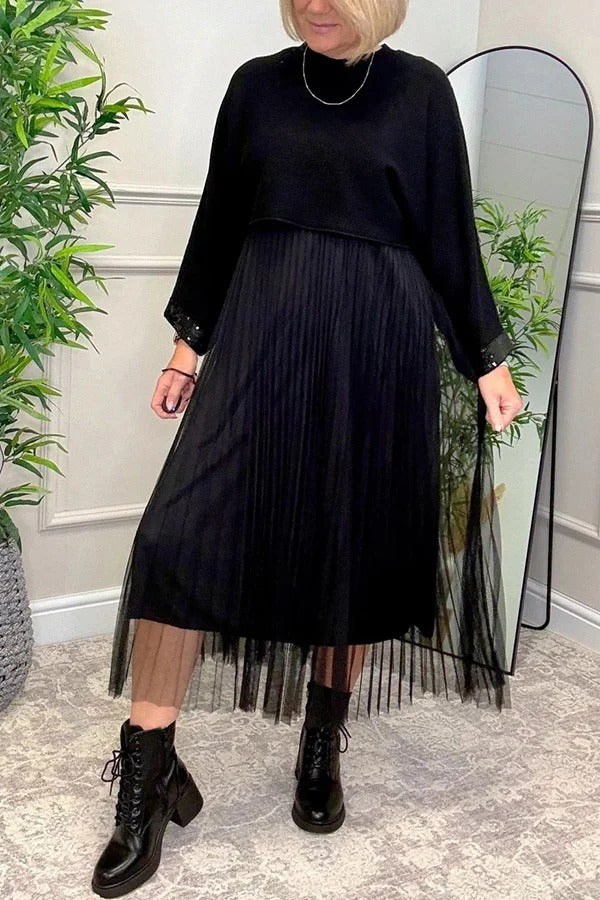 Fenna Ribbed Sequin Trim Batwing Sleeve Sweater and Pleated Tulle Stretch Tank Midi Dress Two-piece Set