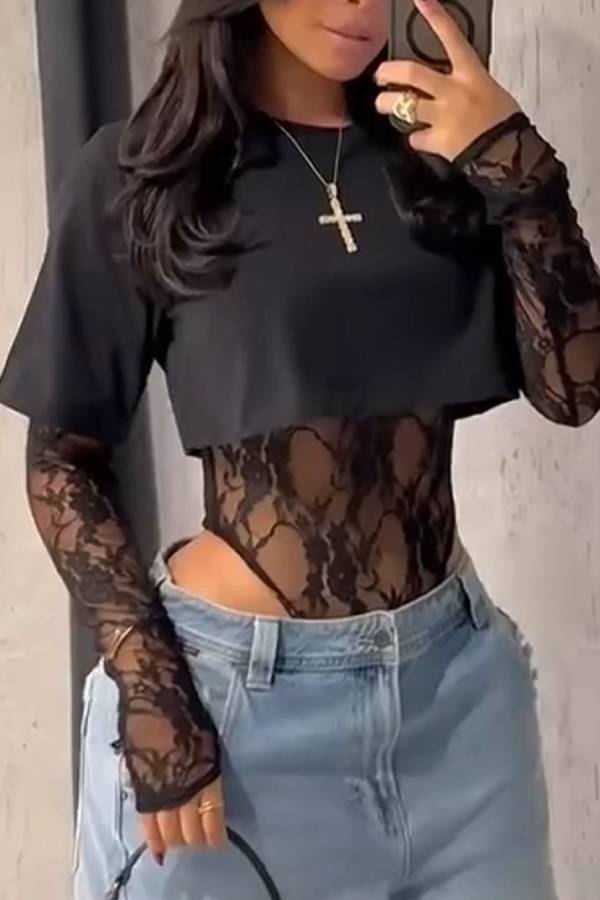 Lace see-through long-sleeved short two-piece top