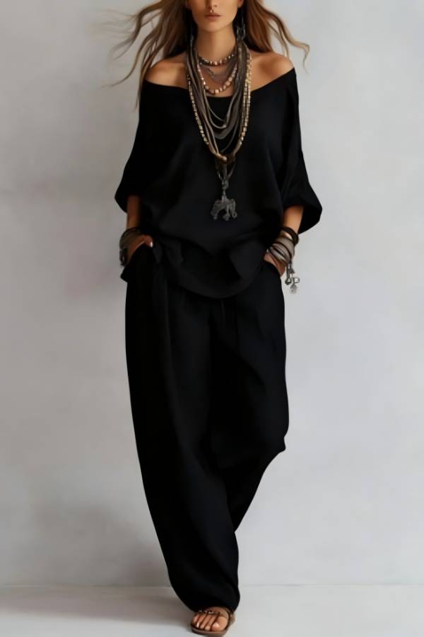 Off-Shoulder Loose Top + Elastic Waist Harem Pants Set