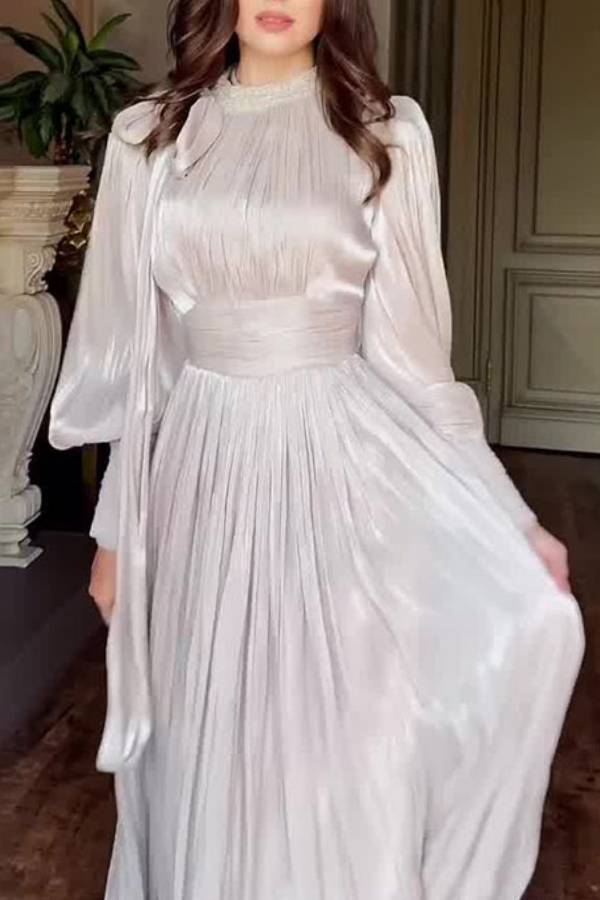 Retro court style puff sleeve waist-cinching pleated evening gown