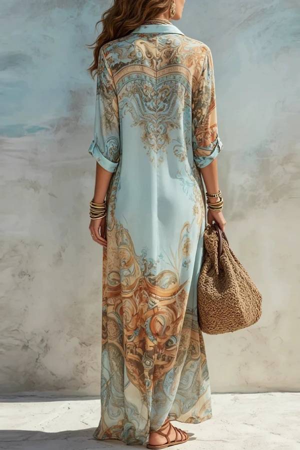 Blue & Brown Vintage Paisley Print Long Shirt Dress