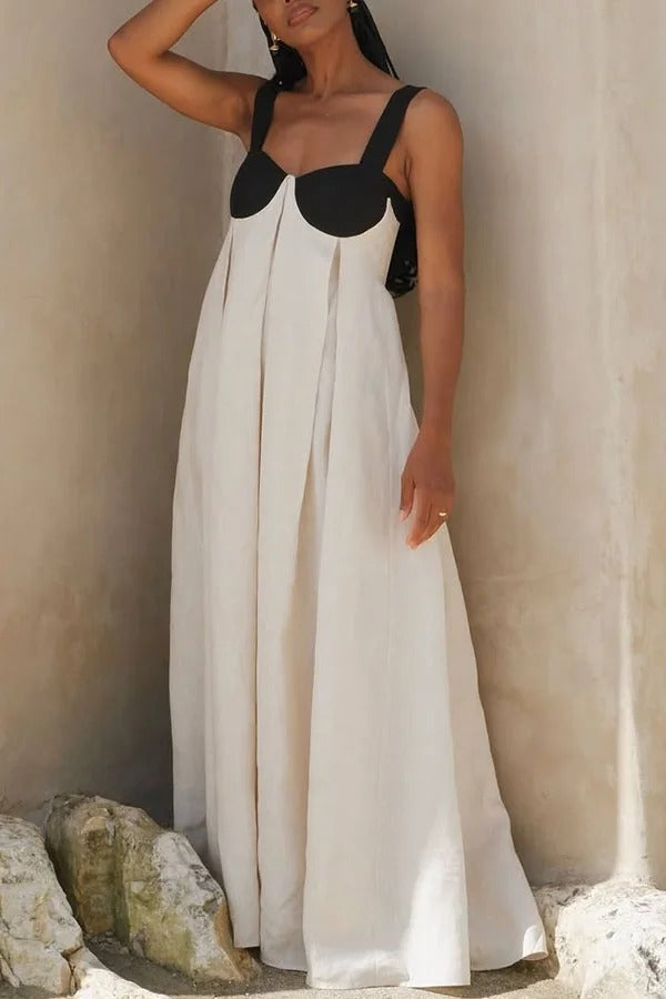 Jordina Linen Blend Colorblock Cups Backless Tie-up Loose Maxi Dress