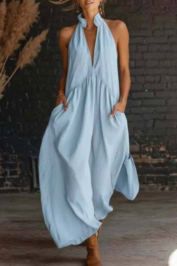 Bohemian Halter V-Neck Linen Maxi Dress