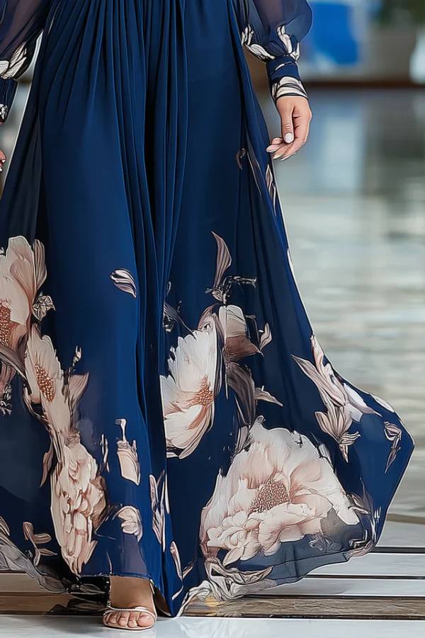 Navy Blue V-neck Tulle Sleeve Pleated Floral Maxi Dress