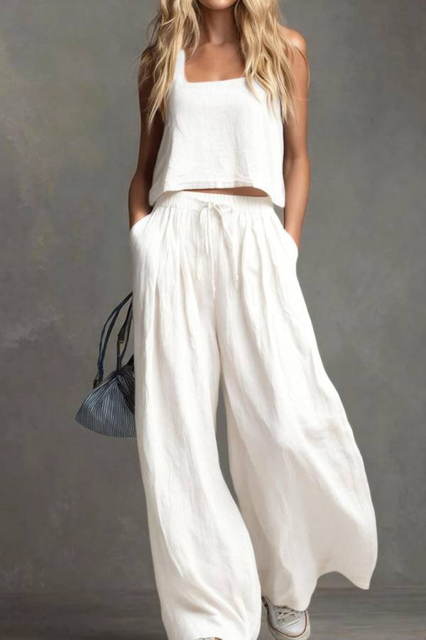 Linen-Style Square-Neck Cami and Wide-Leg Pants Set