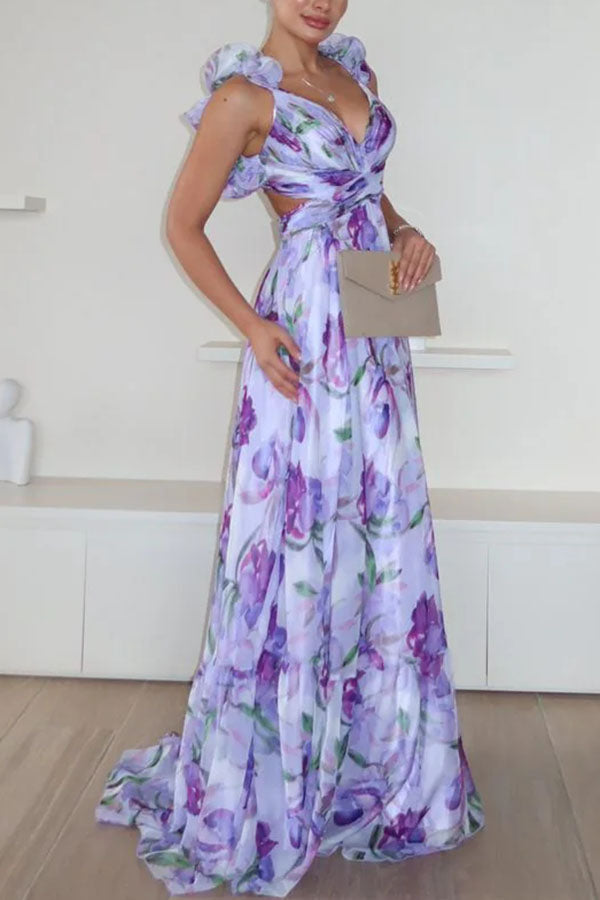 Whimsy Grace Tulle Floral Ruffle Detail Back Lace-up Pleated Maxi Dress