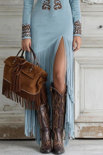 Fashionable Embroidered Fitted Long-sleeved Tassel Hem Maxi Dress