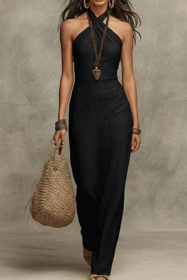 Cross Halter Linen Fitted Vacation Maxi Dress