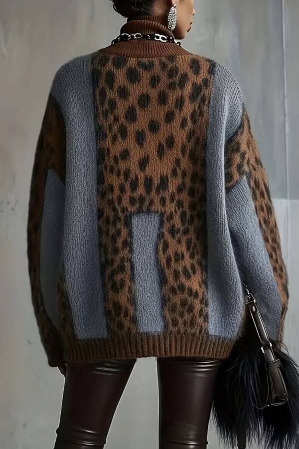 Color-Blocked Leopard Print Turtleneck Loose Sweater