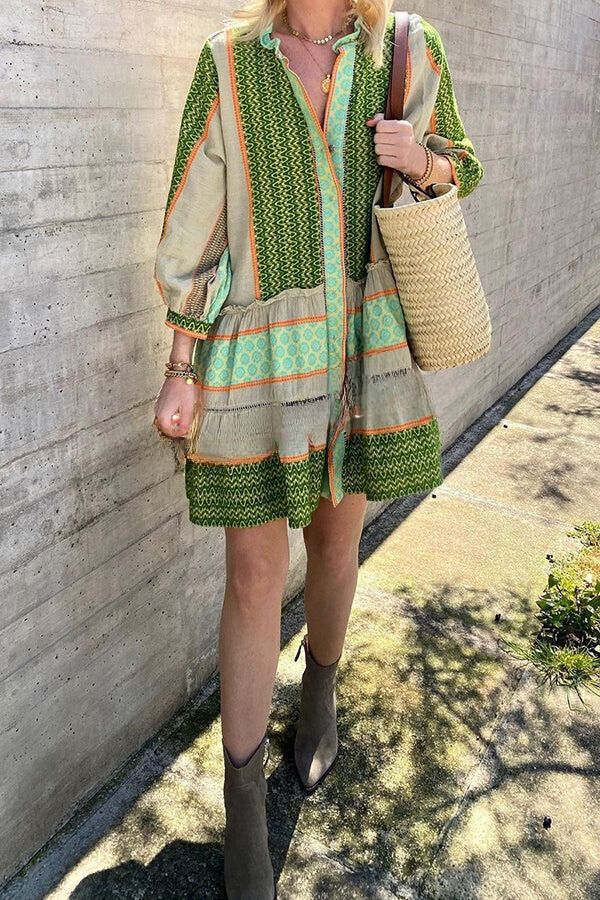 Vacation Style Ethnic Print Button Loose Mini Dress