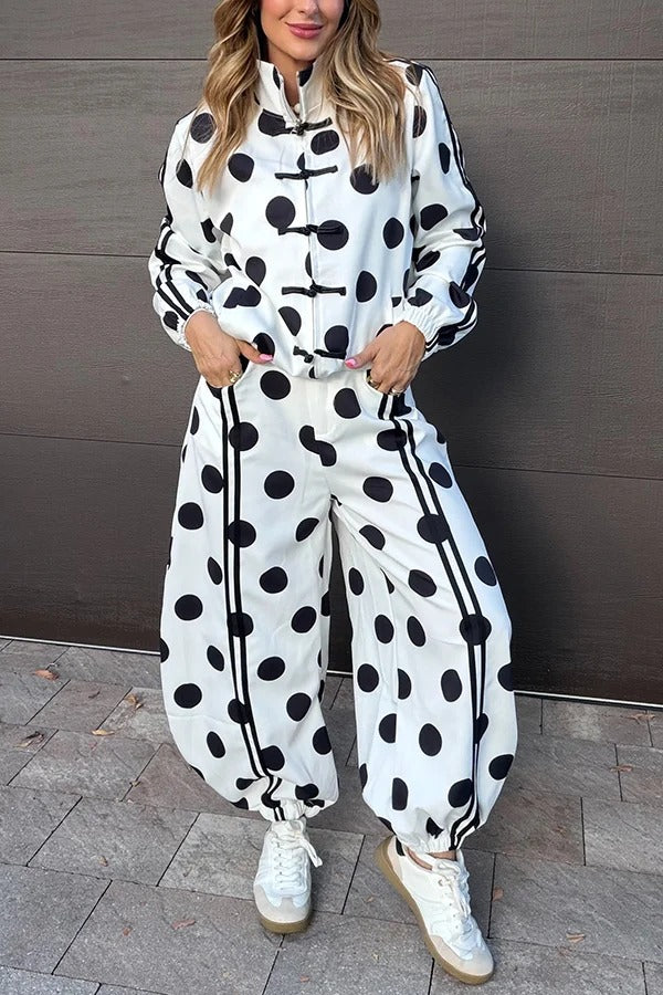 Napoleon Colorblock Polka Dot Elastic Waist Pocket Loose Lantern Pants