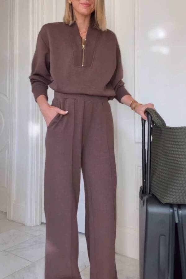 Brown half-zip casual sweatshirt and wide-leg pants set