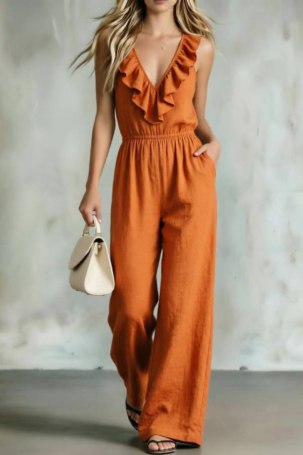 Ruffle V-neck Elastic Waist Sleeveless Wide Leg Jumpsuit