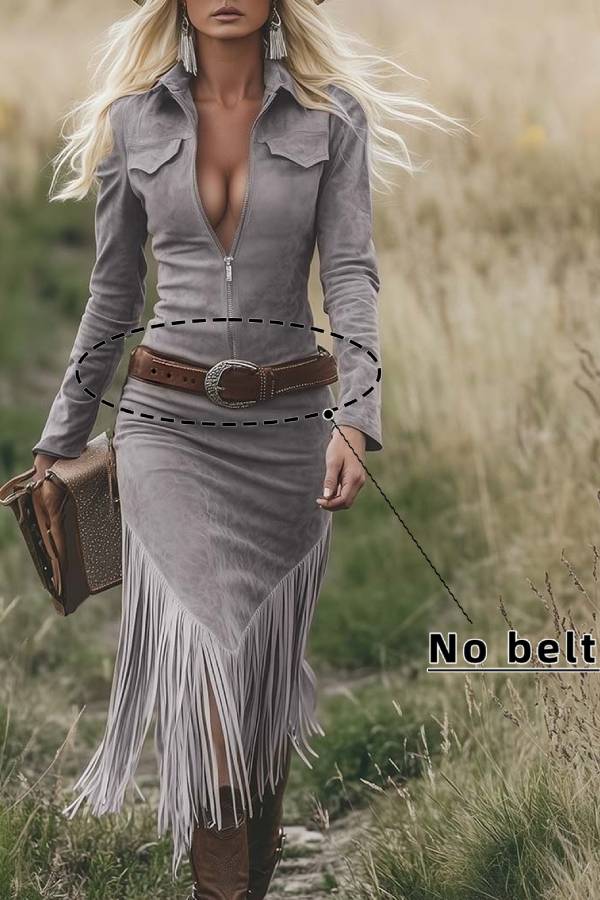Western-style zippered tassel long-sleeved dress