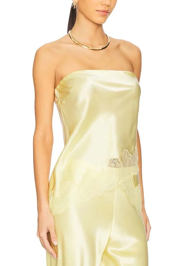 Odessa Satin Floral Lace Hem Strapless Tank and Mid Rise Wide Leg Pants Set