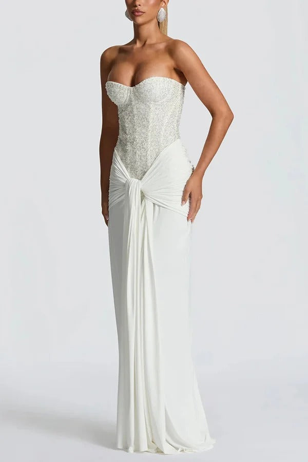 Carina Sequined and Satin Jersey Off Shoulder Ruched Knot Drape Maxi Dress
