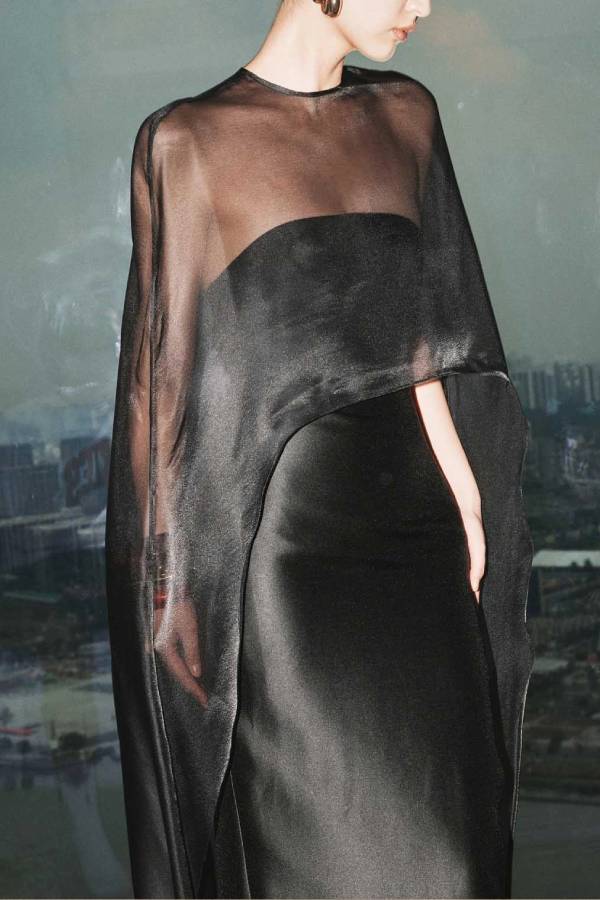 Elegant Sheer Cape Overlay Satin Maxi Dress