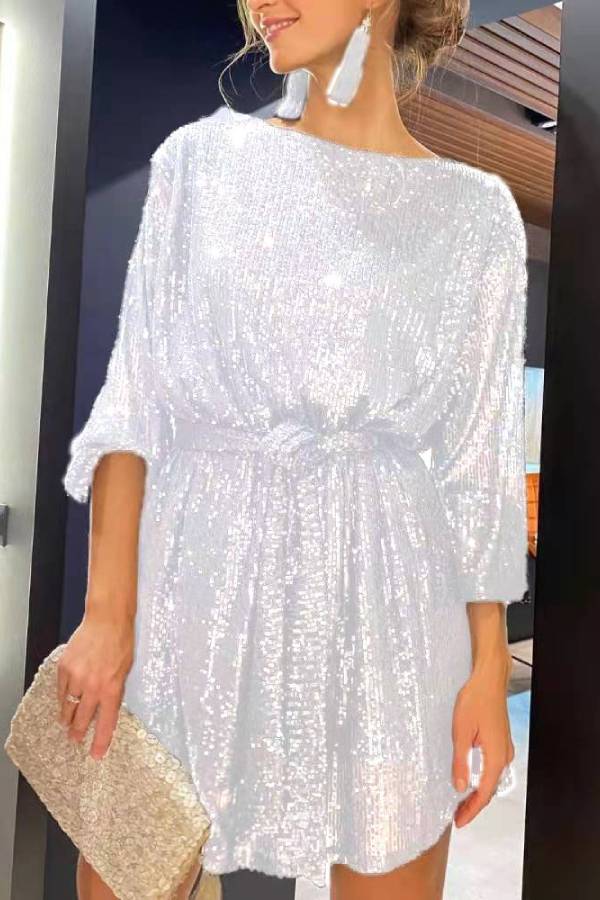Sequined Tie-Waist Long-Sleeved Party Dress