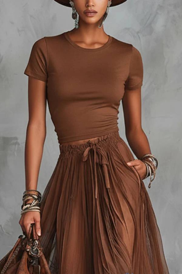 Cropped Fitted T-Shirt & Color-Block Lace-Trimmed Mesh Maxi Skirt Set