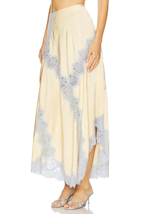 Wine Tasting Contrast Color Satin Lace Trim Irregular Hem Drape Midi Skirt