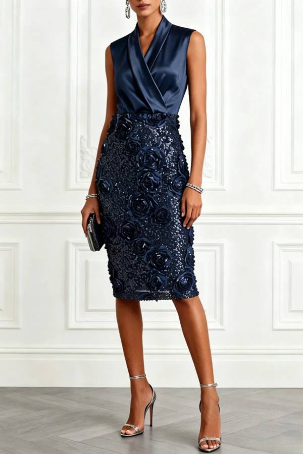 Isabele Satin Lapel V Neck Sleeveless 3D Floral Glitter Sequin Hem Sheath Midi Dress