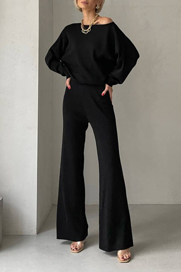 Off-shoulder knit wide-leg pants suit
